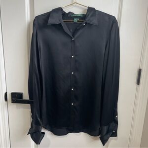 Lauren Ralph Lauren S14 Long Sleeve Button Down Collared Black Silk Blouse Pearl